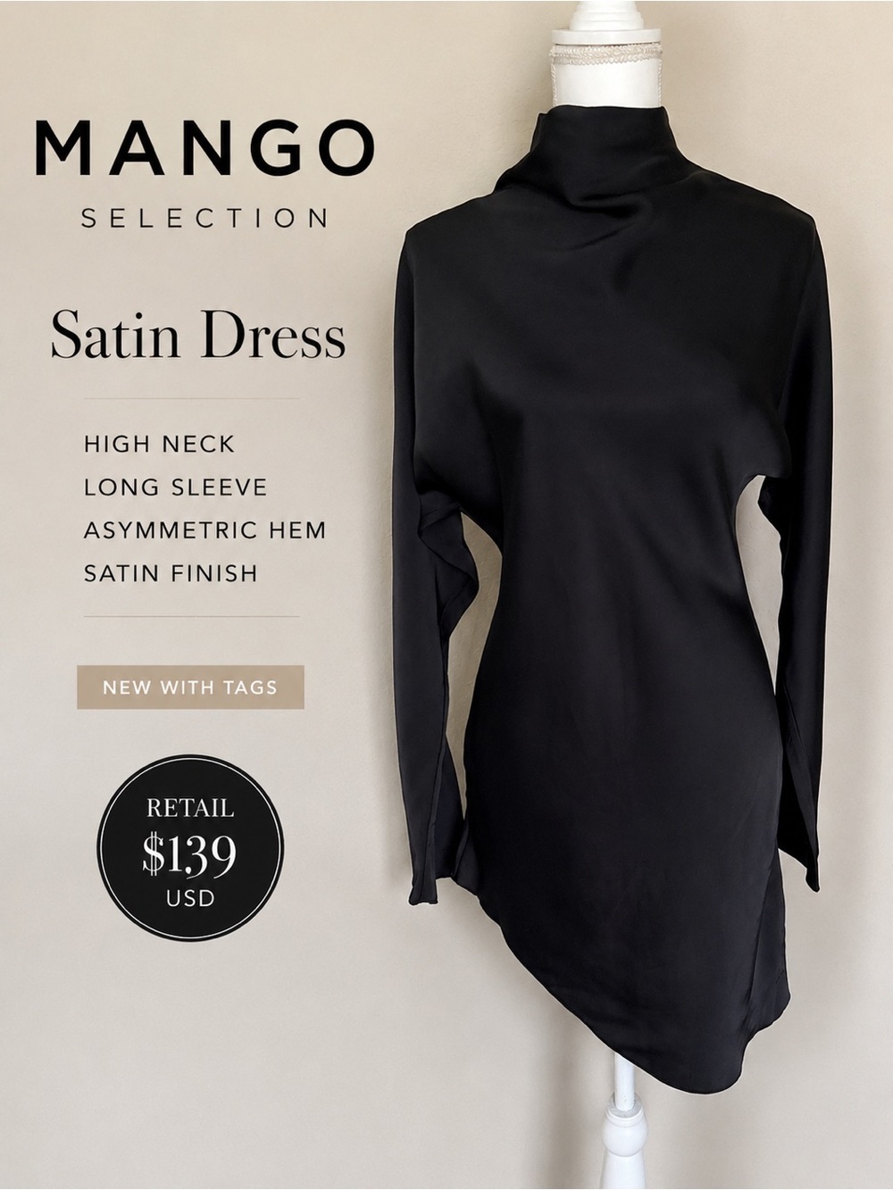 NWT Mango Selection Black Satin Asym Hem Mini Dress High Neck Size S